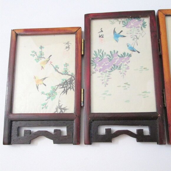 Vintage Miniature Chinese Four Panel Screen Dual Sided Hand Painted Signed 6.5" - Picture 5 of 13